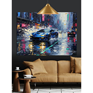 Yağmurlu Yolda Spor Araba Dekoratif Kanvas - Mdf Ahşap Tablo