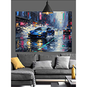 Yağmurlu Yolda Spor Araba Dekoratif Kanvas - Mdf Ahşap Tablo 50x70 cm