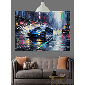 Yağmurlu Yolda Spor Araba Dekoratif Kanvas - Mdf Ahşap Tablo 50x70 cm