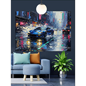 Yağmurlu Yolda Spor Araba Dekoratif Kanvas - Mdf Ahşap Tablo