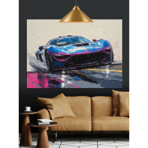Renkli Işıkta Yarış Arabası Dekoratif Kanvas - Mdf Ahşap Tablo 70x100 cm