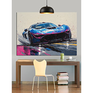 Renkli Işıkta Yarış Arabası Dekoratif Kanvas - Mdf Ahşap Tablo