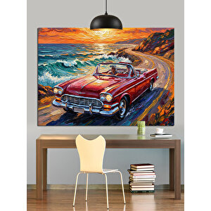 Gün Batımında Kırmızı Araba Dekoratif Kanvas - Mdf Ahşap Tablo