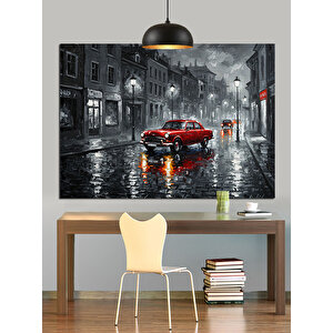 Yağmurlu Sokakta Kırmızı Araba Dekoratif Kanvas - Mdf Ahşap Tablo