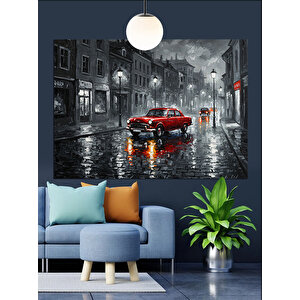 Yağmurlu Sokakta Kırmızı Araba Dekoratif Kanvas - Mdf Ahşap Tablo