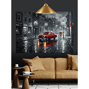 Yağmurlu Sokakta Kırmızı Araba Dekoratif Kanvas - Mdf Ahşap Tablo 25x35 cm