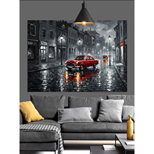 Yağmurlu Sokakta Kırmızı Araba Dekoratif Kanvas - Mdf Ahşap Tablo 25x35 cm