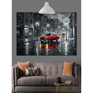 Yağmurlu Sokakta Kırmızı Araba Dekoratif Kanvas - Mdf Ahşap Tablo 25x35 cm