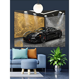 Garajda Siyah Spor Araba Dekoratif Kanvas - Mdf Ahşap Tablo 50x70 cm