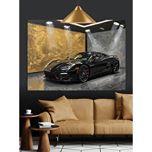 Garajda Siyah Spor Araba Dekoratif Kanvas - Mdf Ahşap Tablo 50x70 cm