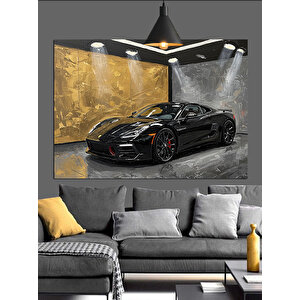 Garajda Siyah Spor Araba Dekoratif Kanvas - Mdf Ahşap Tablo 70x100 cm