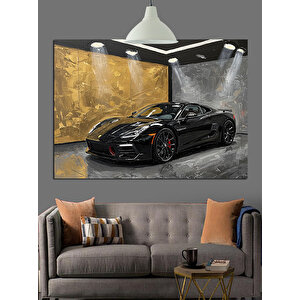 Garajda Siyah Spor Araba Dekoratif Kanvas - Mdf Ahşap Tablo