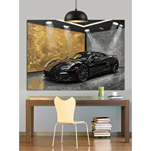 Garajda Siyah Spor Araba Dekoratif Kanvas - Mdf Ahşap Tablo