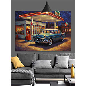 Benzinlikte Klasik Araba Dekoratif Kanvas - Mdf Ahşap Tablo 70x100 cm