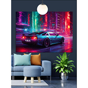 Neon Işıklı Spor Araba Dekoratif Kanvas - Mdf Ahşap Tablo 50x70 cm