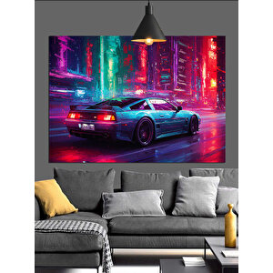 Neon Işıklı Spor Araba Dekoratif Kanvas - Mdf Ahşap Tablo
