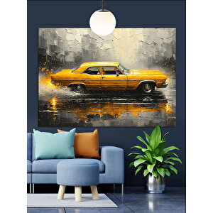 Yağmurlu Yolda Sarı Araba Dekoratif Kanvas - Mdf Ahşap Tablo 70x100 cm