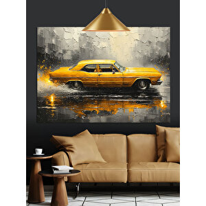 Yağmurlu Yolda Sarı Araba Dekoratif Kanvas - Mdf Ahşap Tablo