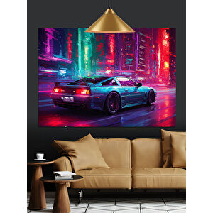 Neon Işıklı Spor Araba Dekoratif Kanvas - Mdf Ahşap Tablo