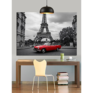Eyfel Kulesi Önünde Kırmızı Araba Dekoratif Kanvas - Mdf Ahşap Tablo 50x70 cm