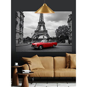 Eyfel Kulesi Önünde Kırmızı Araba Dekoratif Kanvas - Mdf Ahşap Tablo 50x70 cm