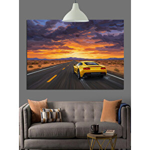 Yolda Sarı Spor Araba Dekoratif Kanvas - Mdf Ahşap Tablo 70x100 cm