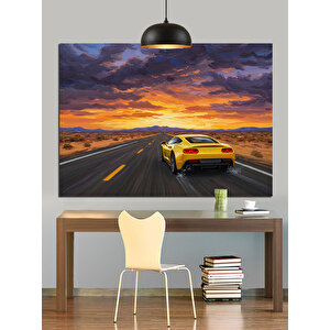 Yolda Sarı Spor Araba Dekoratif Kanvas - Mdf Ahşap Tablo 70x100 cm