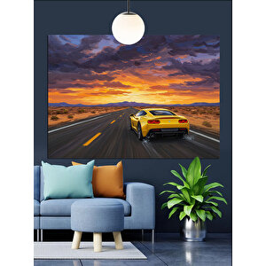 Yolda Sarı Spor Araba Dekoratif Kanvas - Mdf Ahşap Tablo 70x100 cm
