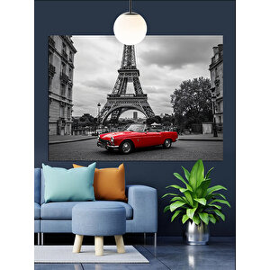 Eyfel Kulesi Önünde Kırmızı Araba Dekoratif Kanvas - Mdf Ahşap Tablo 70x100 cm