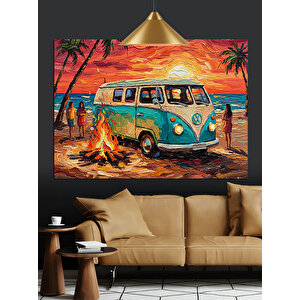 Kumsalda Mavi Minibüs Araba Dekoratif Kanvas - Mdf Ahşap Tablo 25x35 cm