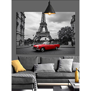 Eyfel Kulesi Önünde Kırmızı Araba Dekoratif Kanvas - Mdf Ahşap Tablo