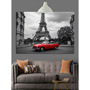 Eyfel Kulesi Önünde Kırmızı Araba Dekoratif Kanvas - Mdf Ahşap Tablo