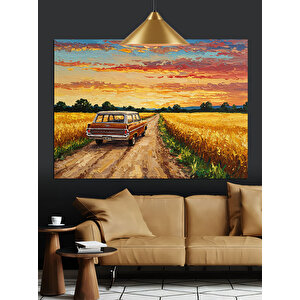Bozkır Yolunda Klasik Araba Dekoratif Kanvas - Mdf Ahşap Tablo 25x35 cm