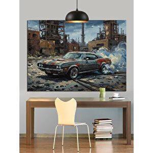 Yıkık Duvar Yanında Klasik Araba Dekoratif Kanvas - Mdf Ahşap Tablo 70x100 cm