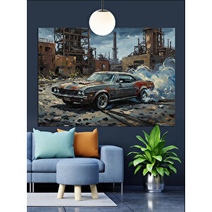 Yıkık Duvar Yanında Klasik Araba Dekoratif Kanvas - Mdf Ahşap Tablo 70x100 cm