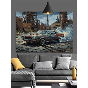 Yıkık Duvar Yanında Klasik Araba Dekoratif Kanvas - Mdf Ahşap Tablo