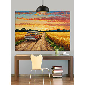Bozkır Yolunda Klasik Araba Dekoratif Kanvas - Mdf Ahşap Tablo