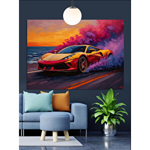 Renkli Dumanlı Spor Araba Dekoratif Kanvas - Mdf Ahşap Tablo 50x70 cm