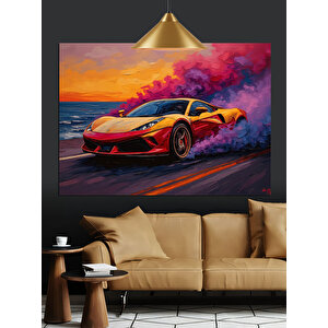 Renkli Dumanlı Spor Araba Dekoratif Kanvas - Mdf Ahşap Tablo 50x70 cm