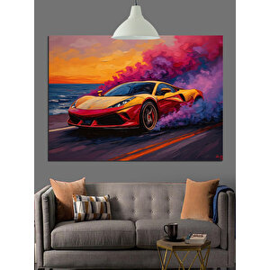 Renkli Dumanlı Spor Araba Dekoratif Kanvas - Mdf Ahşap Tablo