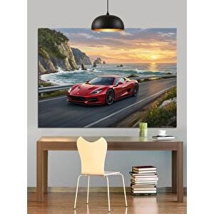Sahil Yolunda Kırmızı Araba Dekoratif Kanvas - Mdf Ahşap Tablo