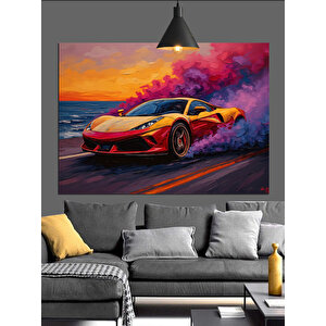 Renkli Dumanlı Spor Araba Dekoratif Kanvas - Mdf Ahşap Tablo 70x100 cm