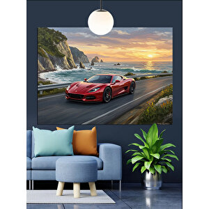 Sahil Yolunda Kırmızı Araba Dekoratif Kanvas - Mdf Ahşap Tablo 70x100 cm