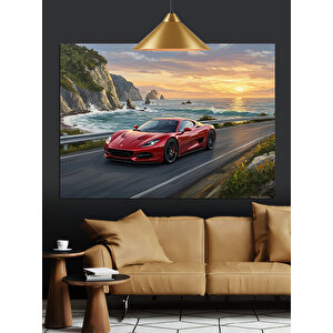 Sahil Yolunda Kırmızı Araba Dekoratif Kanvas - Mdf Ahşap Tablo 50x70 cm