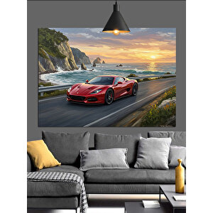 Sahil Yolunda Kırmızı Araba Dekoratif Kanvas - Mdf Ahşap Tablo 50x70 cm