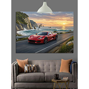 Sahil Yolunda Kırmızı Araba Dekoratif Kanvas - Mdf Ahşap Tablo