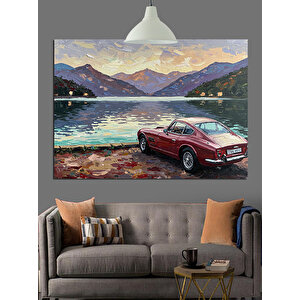 Göl Manzarasında Kırmızı Araba Dekoratif Kanvas - Mdf Ahşap Tablo 35x50 cm