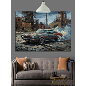 Yıkık Duvar Yanında Klasik Araba Dekoratif Kanvas - Mdf Ahşap Tablo 50x70 cm