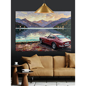 Göl Manzarasında Kırmızı Araba Dekoratif Kanvas - Mdf Ahşap Tablo