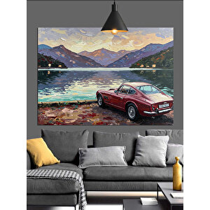 Göl Manzarasında Kırmızı Araba Dekoratif Kanvas - Mdf Ahşap Tablo